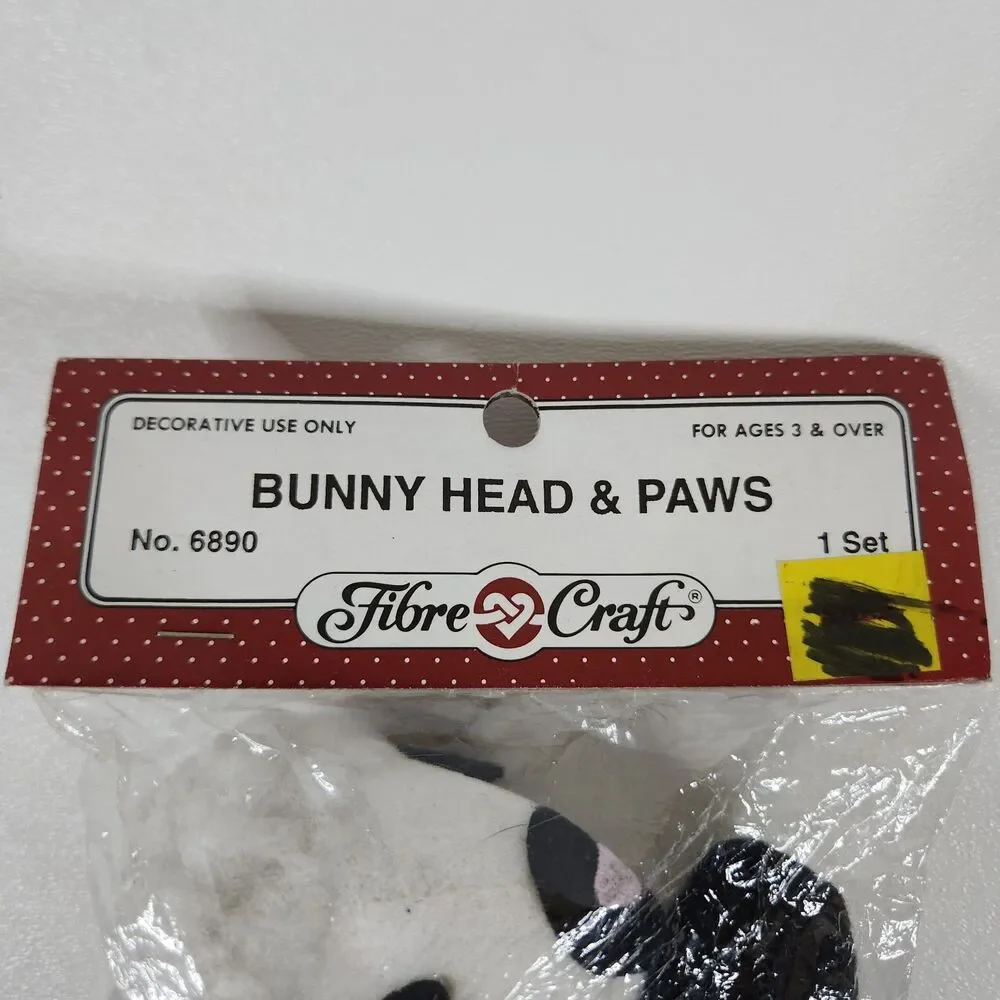 VINTAGE 90s Fibre Craft Black White   Bunny Head & Paws Set #6890 Easter NOS